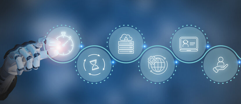 Customer service with AI, speed of service concept. Touching screen with quick service tech icon. Response and resolution times in SLA. Ensuring clients receive timely help and service from provider.