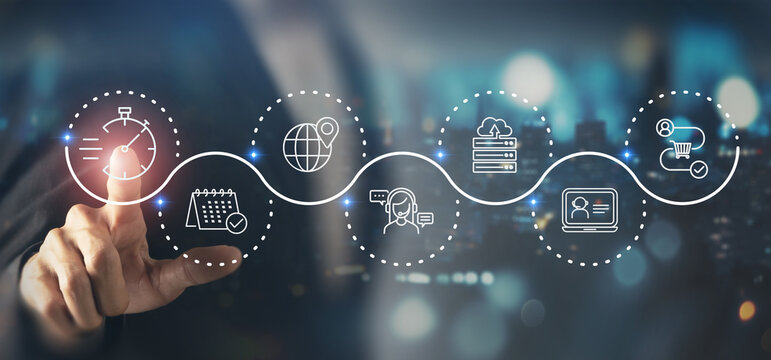 Customer service with AI, speed of service concept. Touching screen with quick service tech icon. Response and resolution times in SLA. Ensuring clients receive timely help and service from provider.