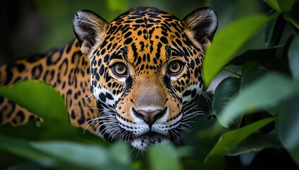 Majestic Jaguar Stalks Through Lush Jungle,  Eyes Piercing Through Foliage, Wild Beauty Unveiled in Vibrant Nature
