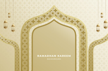 Elegant Islamic ornament and background with lantern, arabic dome and pattern in luxury gold color. Ramadan kareem, eid mubarak, and festival concept.