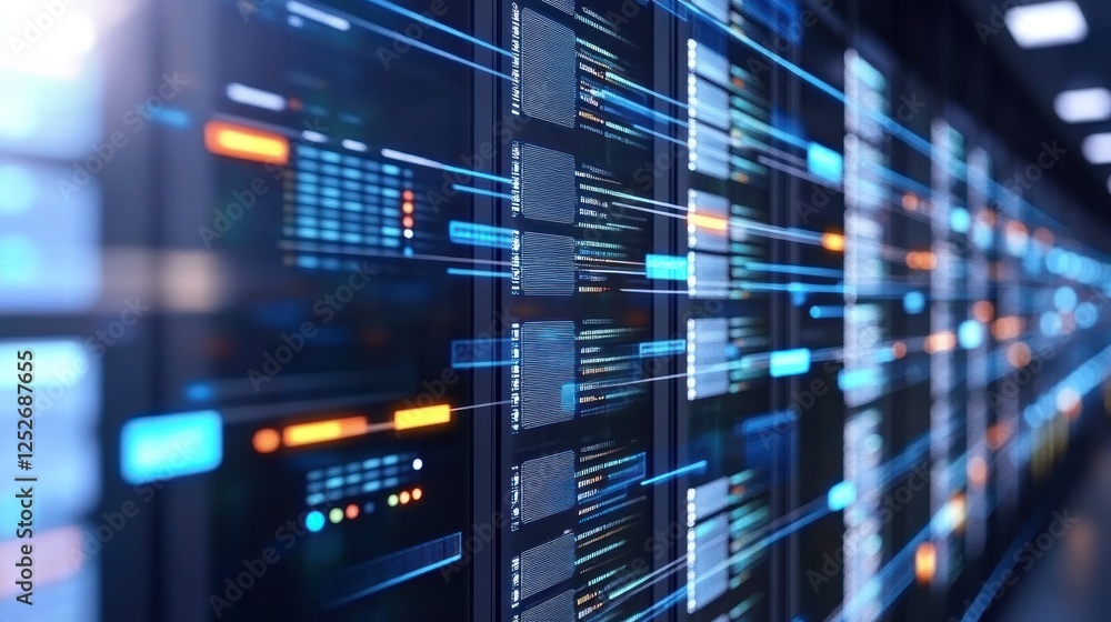 Poster data center server room, digital streams flow, glowing displays, tech background, network security