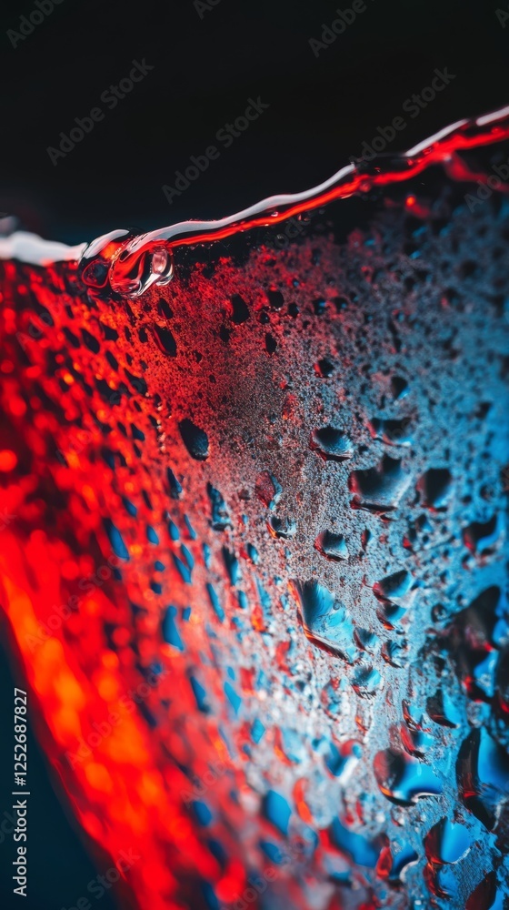 Poster vibrant liquid with colorful reflections and droplets in a close-up view