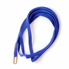 Blue fabric cord, coiled, white background. Craft supply