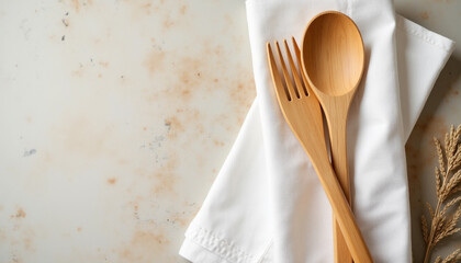 Rustic Wooden Utensils on White Cloth, Simple and Elegant, on a Textured Surface. AI Generation.