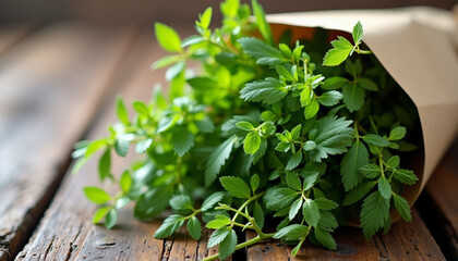 Fresh Green Herbs in Paper Bag, Aromatic and Natural, on a Wooden Surface. AI Generation.