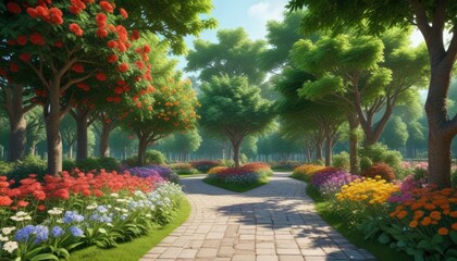 Fototapeta premium Lush green trees lined walkway with vibrant flowers, scenery, green