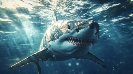 Fototapeta premium A Megalodon shark in the deep sea Large and sharp-toothed, swimming in the deep sea, among small prehistoric fish.