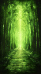 Obraz premium Green forest path, light ahead, nature background