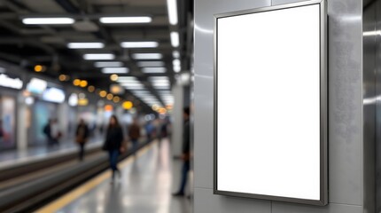 Blank Billboard in Modern Subway Station - Large White Display with Metallic Wall - Ideal for Mockups Branding and Digital Advertisements