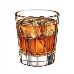 A glass of amber-colored whiskey with ice cubes, showcasing a classic beverage presentation.