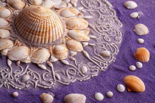 Seashells displayed artistically with sand pattern on textured background