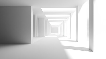 Obraz premium Bright, minimalist white hallway; sunlight streams through windows; architectural design; website background