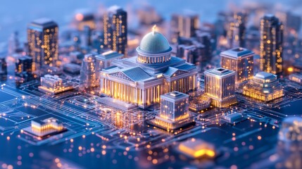 Obraz premium A stunning aerial view of a futuristic cityscape at night, illuminated with lights, showcasing modern architecture and digital networks.