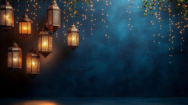 A tranquil evening backdrop with golden lanterns against a blue wall, ideal for Ramadan themes, event invitations, and serene decor.