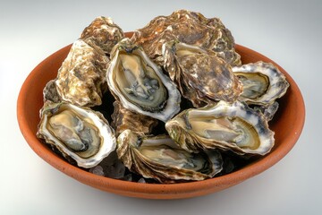 Fresh oysters served on a decorative plate at a coastal restaurant in the late afternoon