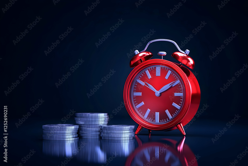 Poster red alarm clock and coins 3d render