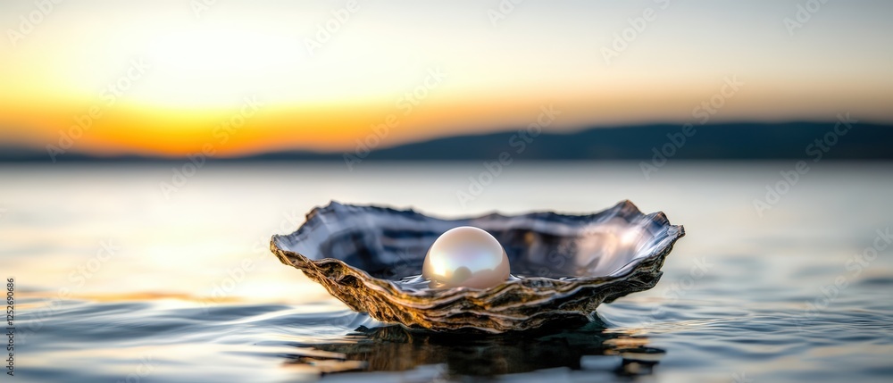 Poster a shell with a pearl inside floating in clear water creating a serene and tranquil natural scene