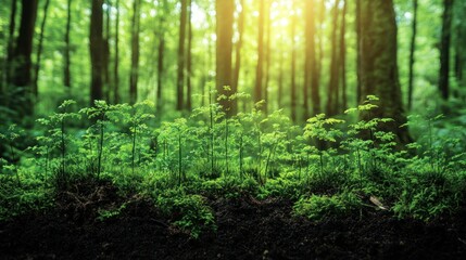 Obraz premium Lush Greenery: Sunlight Filtering Through a Verdant Forest Canopy