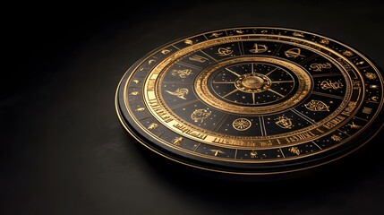 Fototapeta premium A traditional astrological wheel with Vedic zodiac signs inscribed in gold on a dark background
