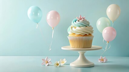 Pastel Cupcake Delight with Airy Balloons and Delicate Flowers on Cake Stand