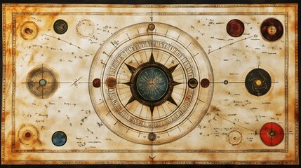 An ancient Indian astrological chart drawn on parchment with detailed planetary symbols