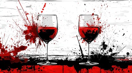 Fototapeta premium Red Liquid Spills On Wine Glasses On White Wood Background with Pixelated Elements