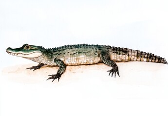 Obraz premium A hand drawn illustration of a young alligator, light beige background, showing its scales and features in detail, exhibiting a watercolor style