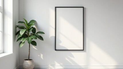 A minimalist interior scene featuring a large blank frame on a white wall, accompanied by a potted leafy plant in a woven basket, bathed in soft sunlight