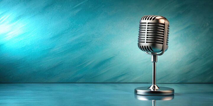Retro microphone on a teal surface, ready for a vocal performance or audio recording session.