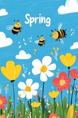 Playful Spring Scene with Cartoon Flowers, Buzzing Bees, and a Cheerful Blue Sky
