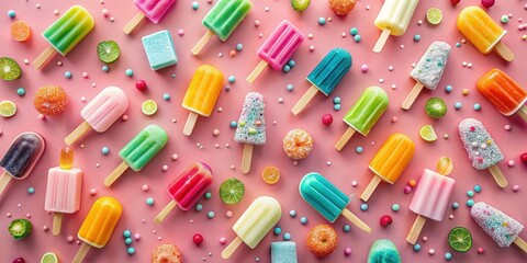 A vibrant summer arrangement featuring an assortment of colorful popsicles, sweet candies, and citrus fruit slices, all artfully arranged on a pink background.