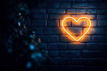 Glowing neon heart on dark brick wall for romantic ambiance, stylish mood, and bold love