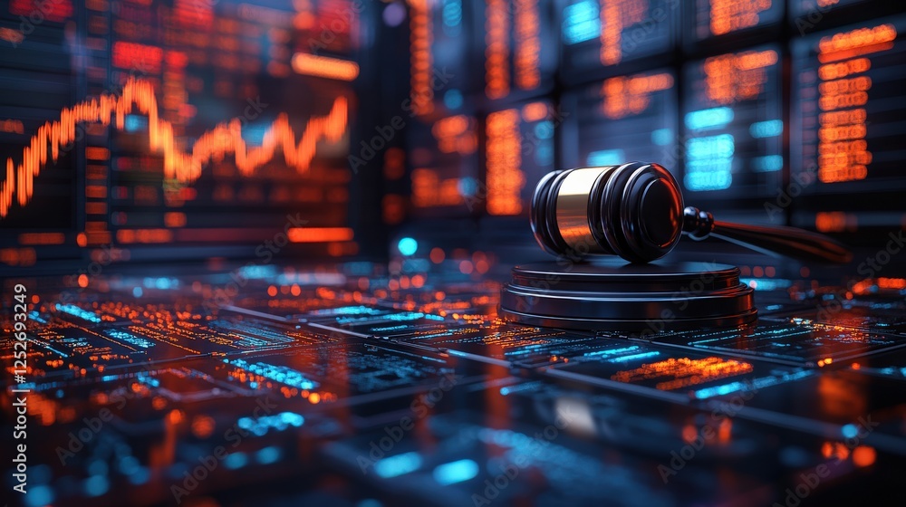 Poster a gavel rests on a digital data display, symbolizing justice in a tech-driven world