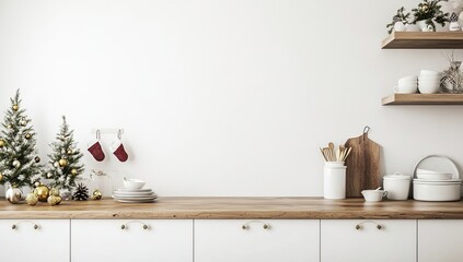 Modern Kitchen Decor: Festive Christmas Decorations on Wooden Countertop with White Cabinets and Shelves