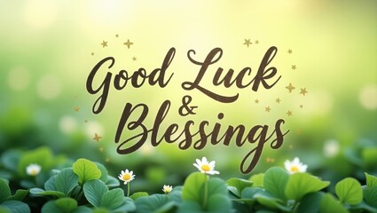 Inspirational Good Luck Blessings Message with Spring Flowers and Soft Green Background