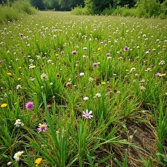 Fototapeta premium Overgrown meadow with wildflowers and grasses, clay soil, bushes