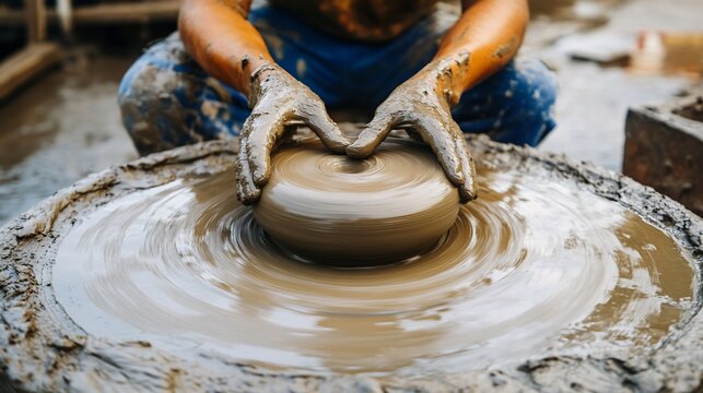 Artisan shaping clay on pottery wheel in a workshop