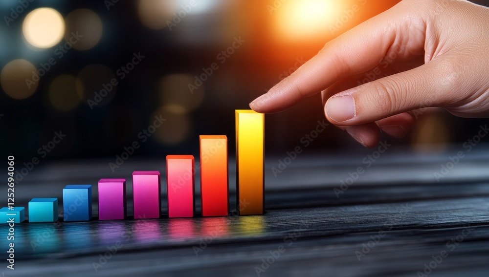 Aufkleber hand pointing at glowing colorful bar graph representing business analytics