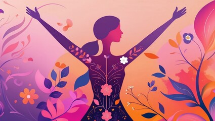 Flat illustration of a woman spreading her arms on a floral background. 8 March Happy Women Day Celebration banner design.