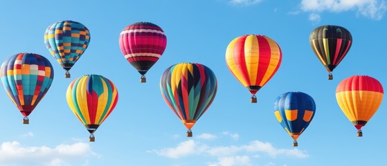 Obraz premium Colorful hot air balloons flying at a vibrant festival with clear blue sky and scenic landscape view
