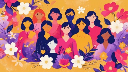 Flat modern illustration of a group of women with vibrant colors and a floral concept for Women’s Day celebration.
