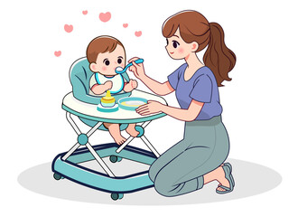 Flat style cartoon illustration. Mother feeds baby sitting in baby walker