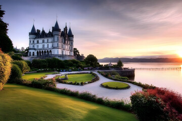 Obraz premium Castle by the Sea Sunset Landscape Photo