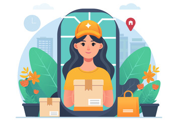 Flat illustration. delivery officer Notified via your smartphone that your package has arrived