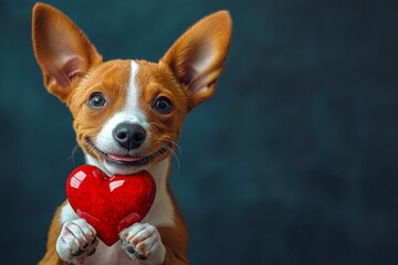 Basenji - my treasured dog. Cute basenji pup with diamond red heart - sign of love, funny greeting card. Marketing idea. Red hearts and pets. Valentine's cute puppy poses. Pet love. Red hea.