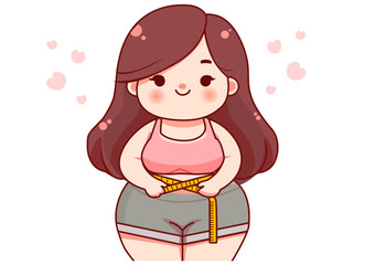 Fototapeta premium cute cartoon illustration A fat girl measures her waist circumference. She smiled contentedly.