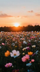 Colorful wildflower field at sunset with vibrant blooms and a picturesque sky