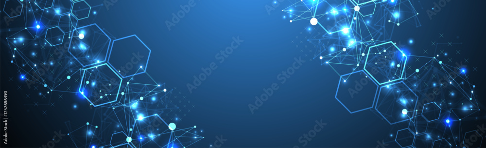 Poster Abstract scientific vector background. Interweaving on a dark blue gradient of hexagons of different shapes with a plexus effect.