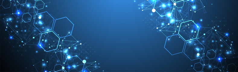 Abstract scientific vector background. Interweaving on a dark blue gradient of hexagons of different shapes with a plexus effect.