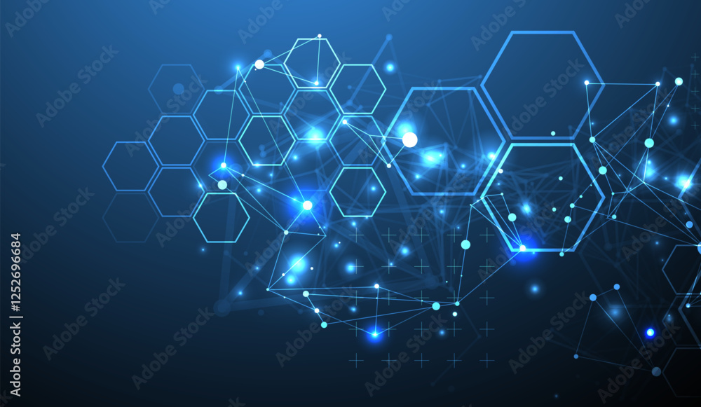 Aufkleber Abstract scientific vector background. Interweaving on a dark blue gradient of hexagons of different shapes with a plexus effect.